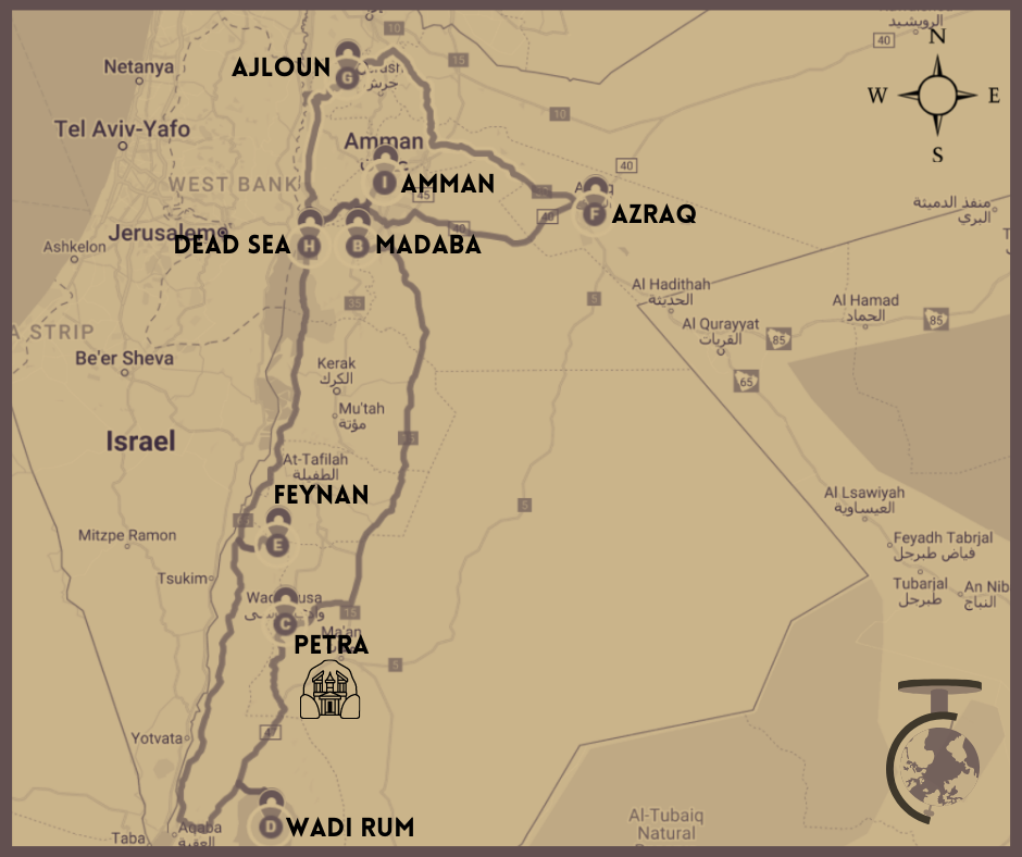 Ultimate Jordan Tour - Lost Cities & Bedouin Tents Trip Map